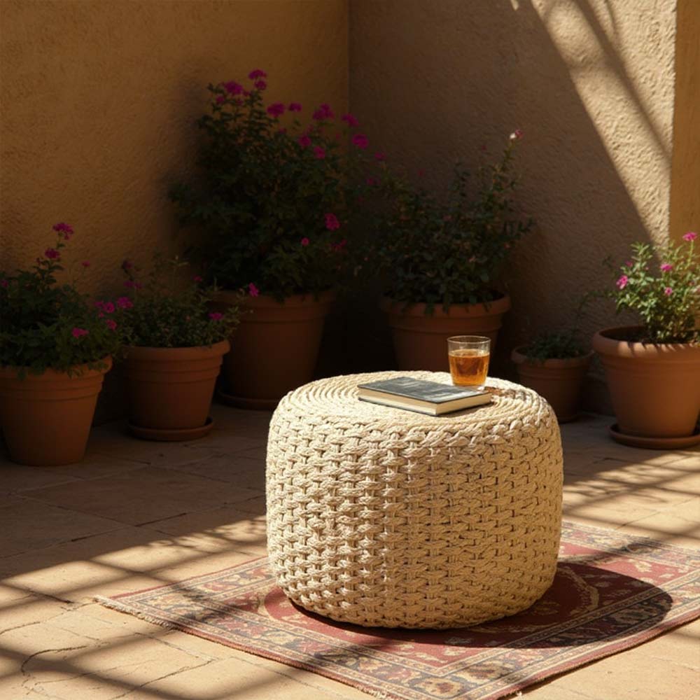 Pouf Moyen en Raphia tressé beige