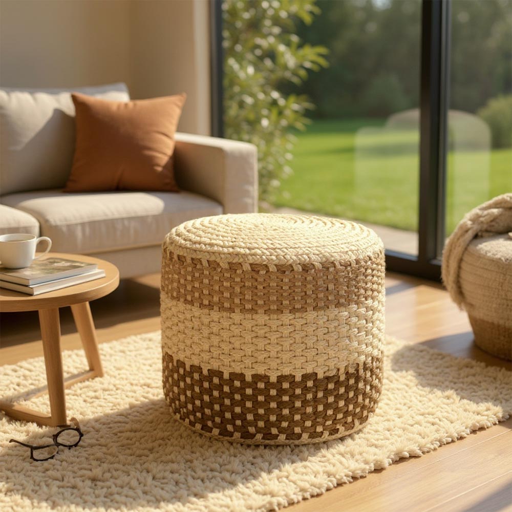 Grand Pouf en Raphia tressé bohème Tricolore