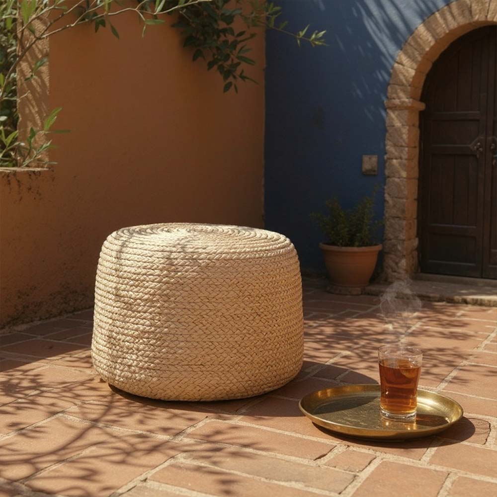 Grand Pouf en Raphia tressé bohème classique Sable