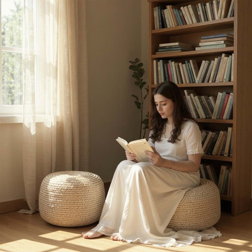 Grand Pouf en Raphia tressé bohème classique Sable