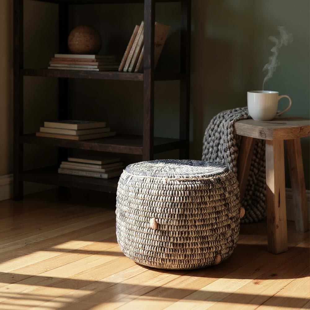 Pouf Moyen en Raphia tressé bohème Bicolore