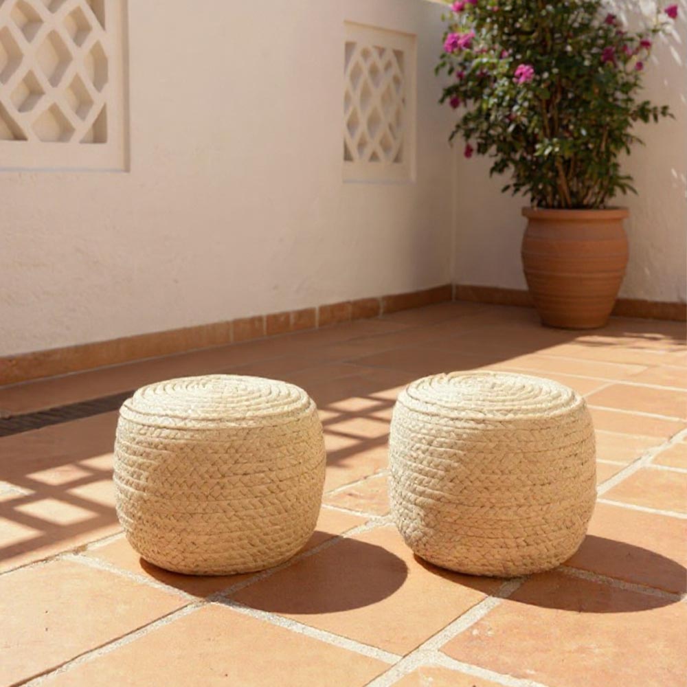 Petit Pouf en Raphia tressé bohème classique Sable