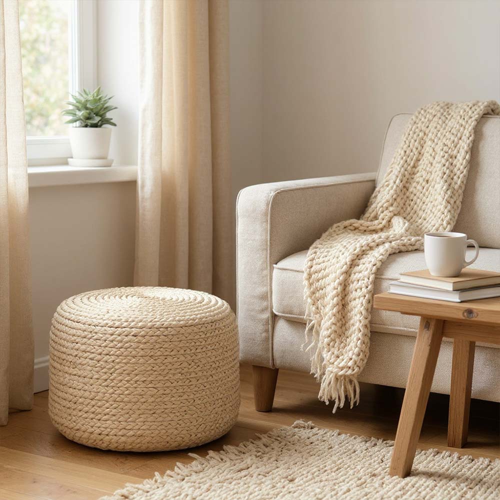 Grand Pouf en Raphia tressé bohème classique Sable